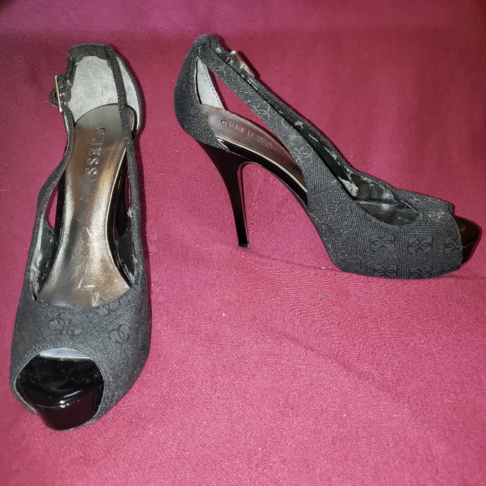 GUESS Hondo stiletto peeptoe platforms, monogram